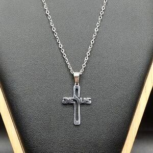 Silver Necklace w/ Jesus Cross Pendant Men's Women's Anniversary Birthday Gift